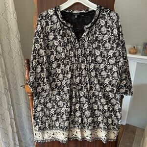 Lucky Brand Womens Top Border Print 3/4 Sleeve Boho Black Gray Plus Size 2X
